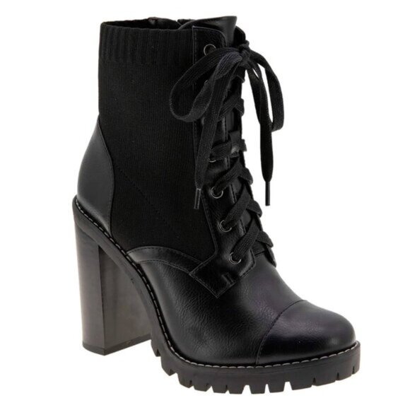 BCBGeneration Shoes - BCBGENERATION Womens Black Stretch Cushioned Lug Sole Lace Pilas Cap Booties